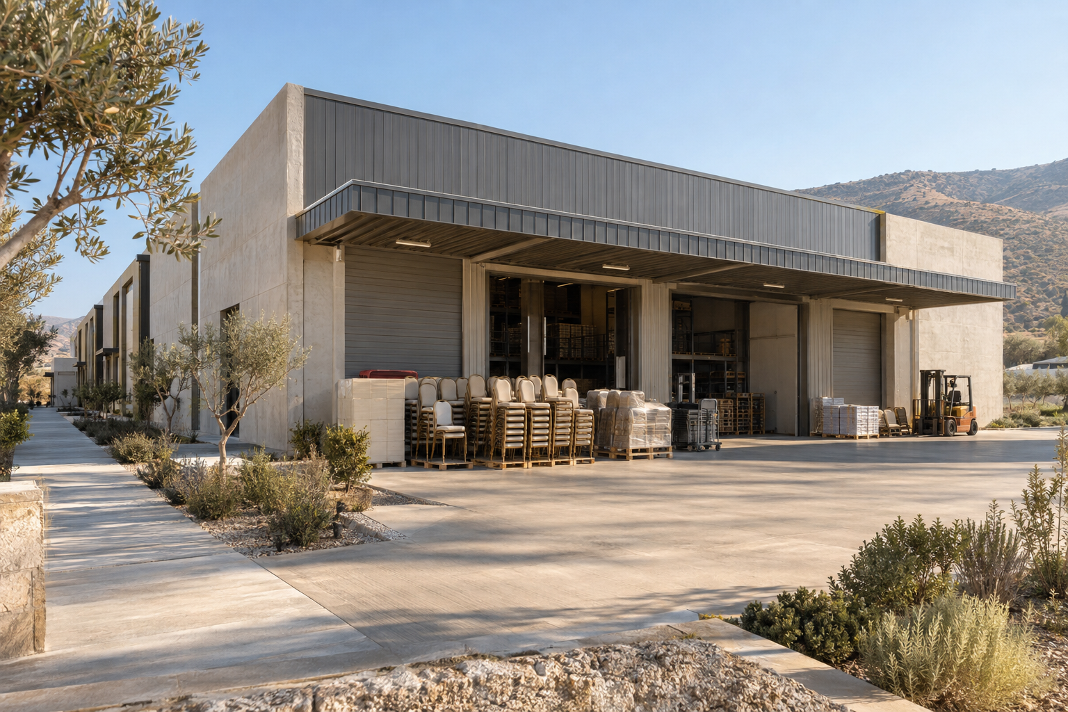 Concept view of a modern furniture refurbishment workshop with shared loading space in an Anatoliko industrial estate near Paphos.