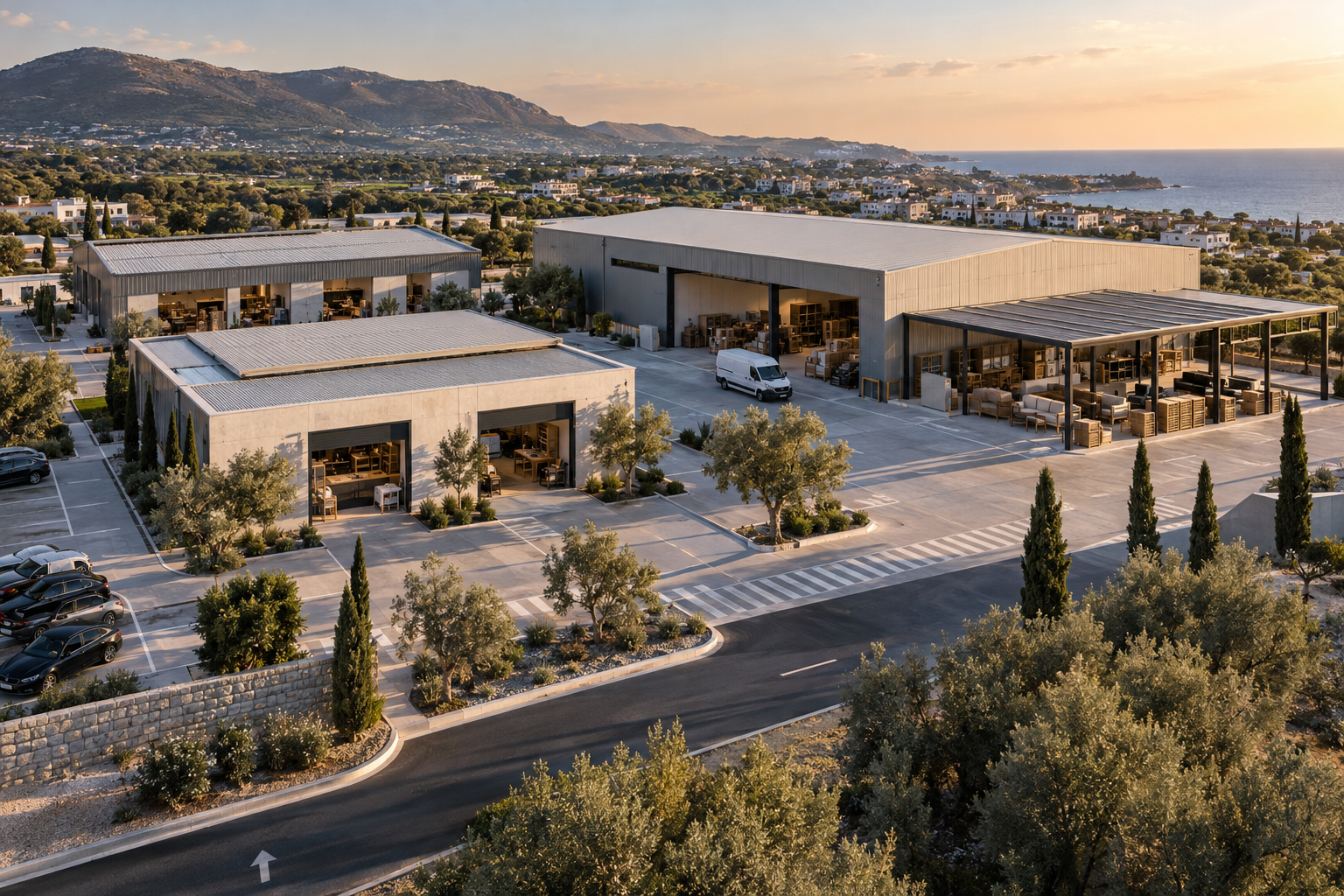 Concept aerial view of a modern refurbishment hub with workshops, warehousing and loading areas near Paphos, Cyprus.