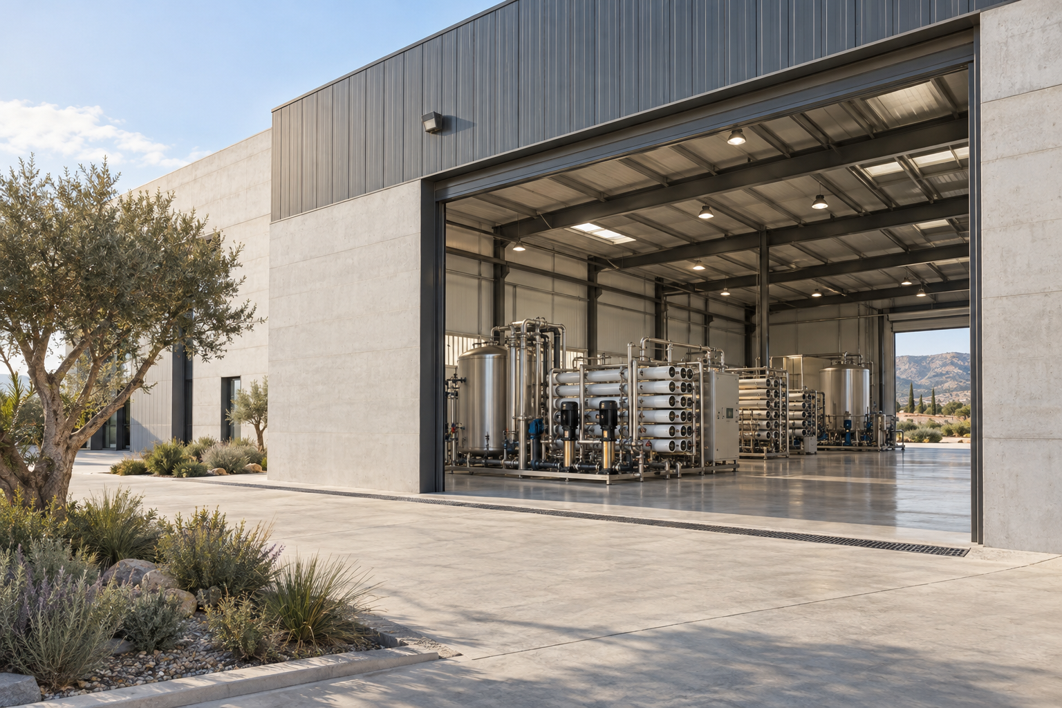 Conceptual water-treatment assembly workshop in a modern industrial estate in Paphos, Cyprus