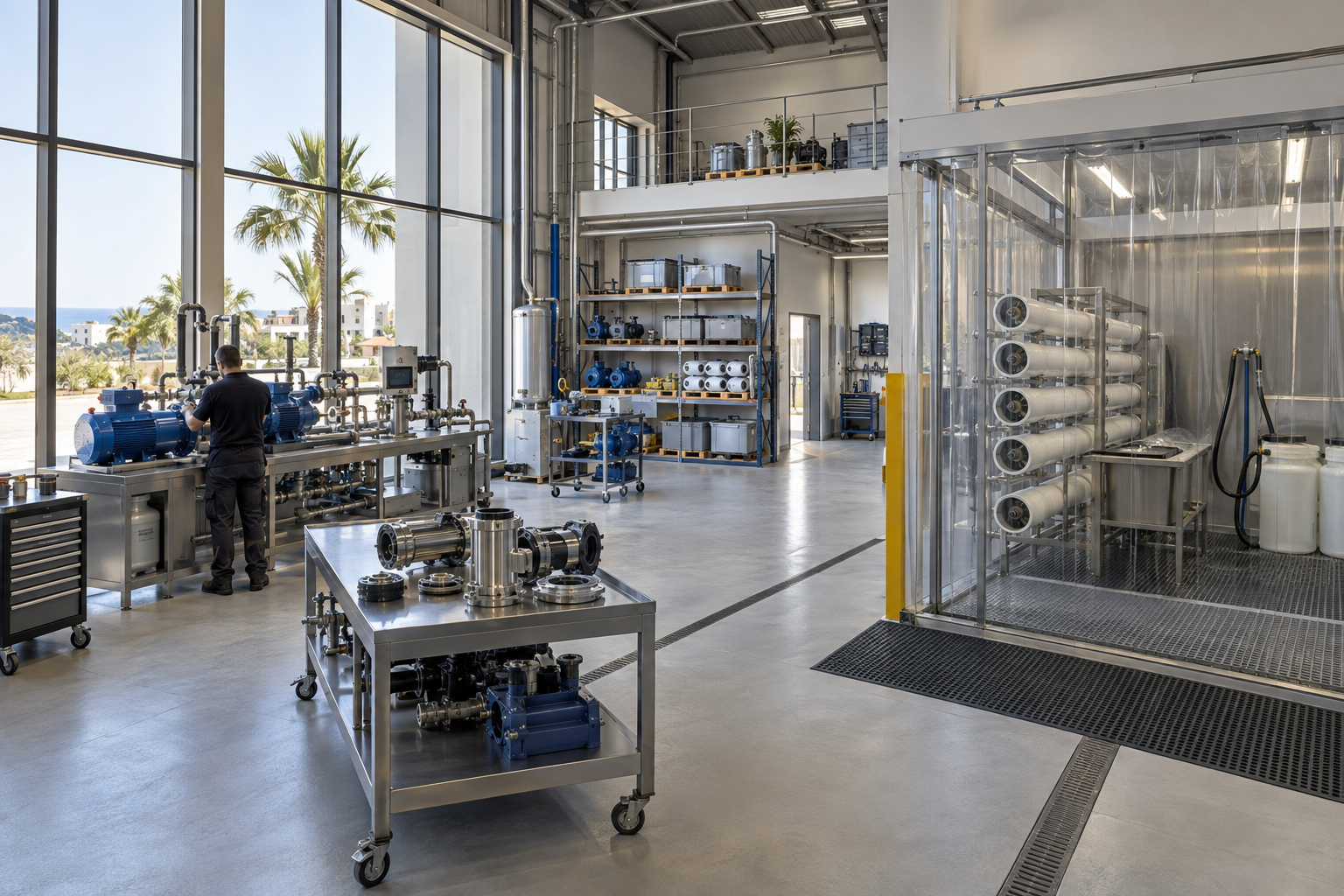 Conceptual pump and membrane testing facility with organised work areas in Anatoliko, Paphos