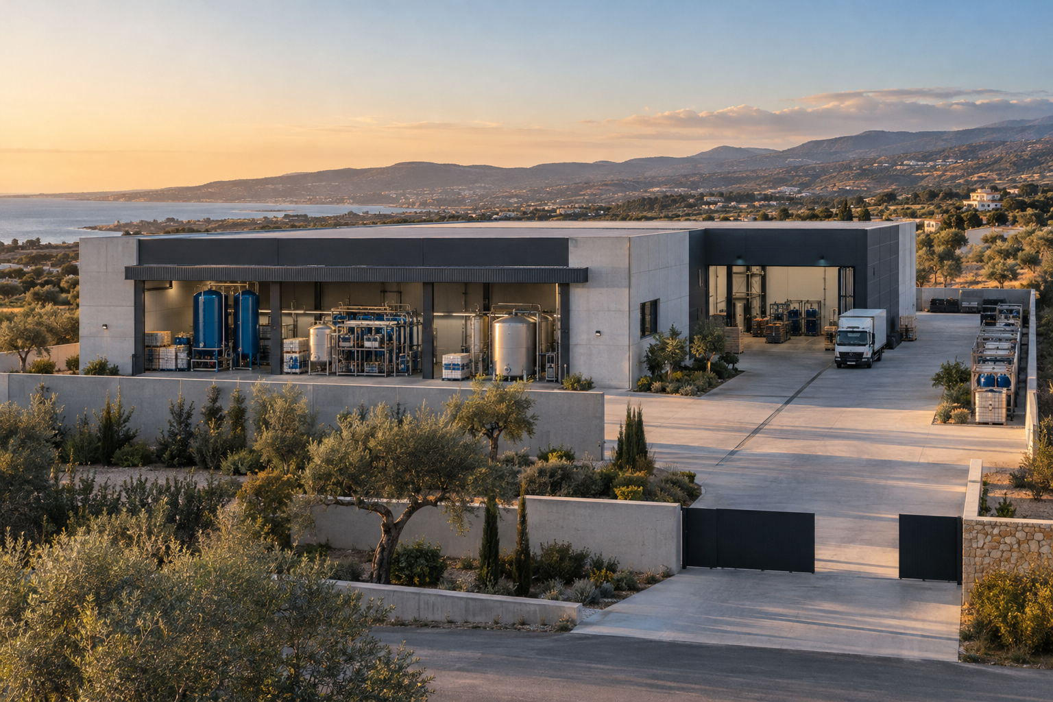 Conceptual combined industrial site with fabrication halls and loading space near Paphos
