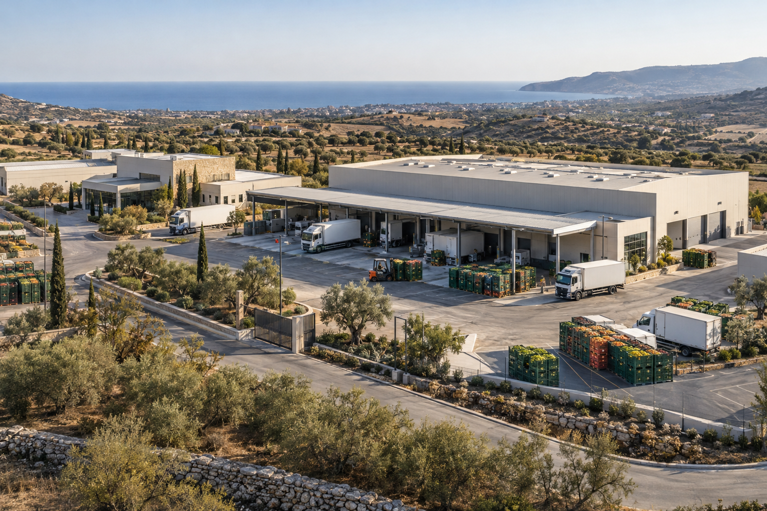 Concept aerial view of a shared food logistics park in Anatoliko near Paphos, with loading yards and refrigerated delivery vehicles
