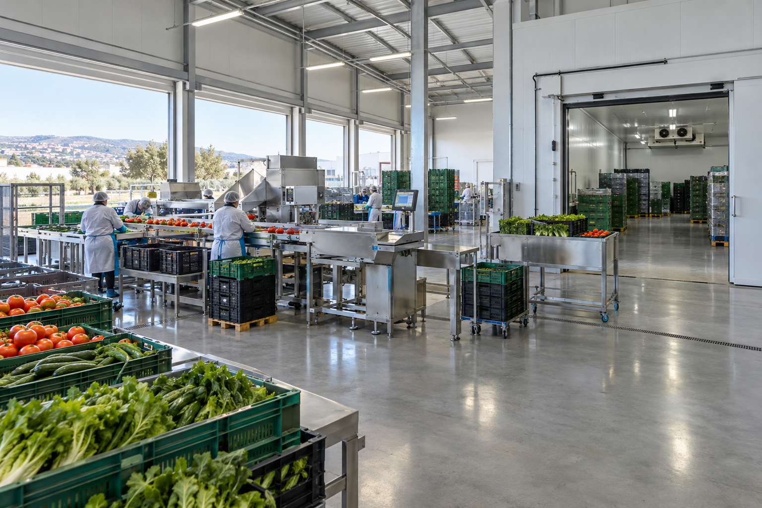 Concept interior of a shared produce packing facility in Paphos, with grading equipment and separated chilled storage