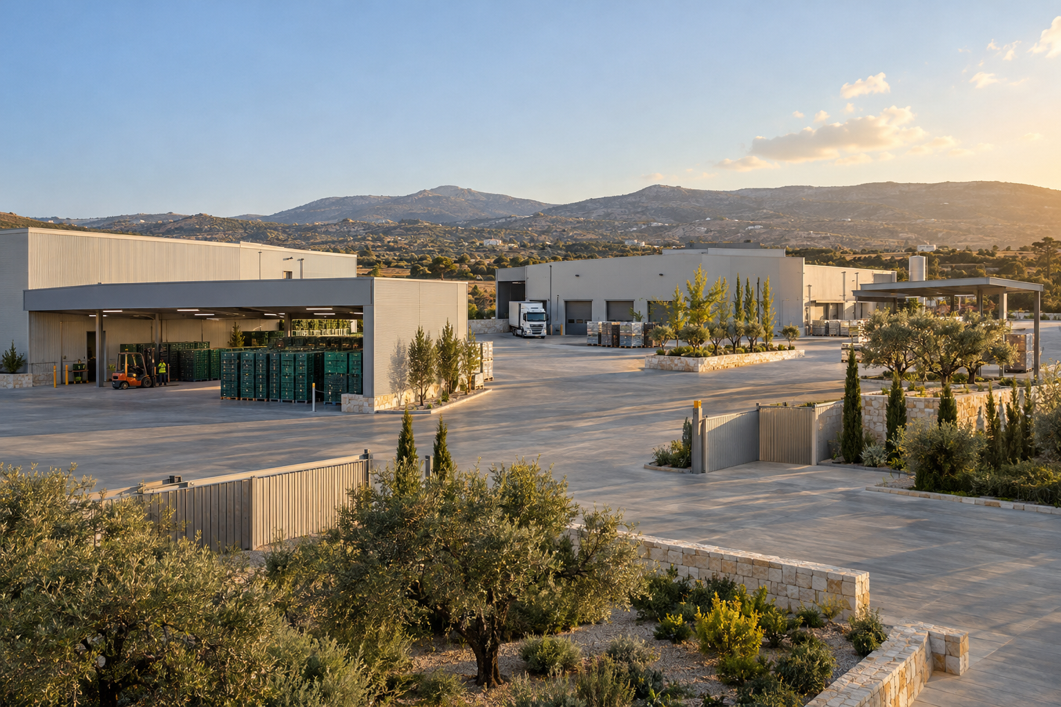Concept architectural view of a phased food logistics park in Cyprus, with separate packing, cold-storage and crate-washing units