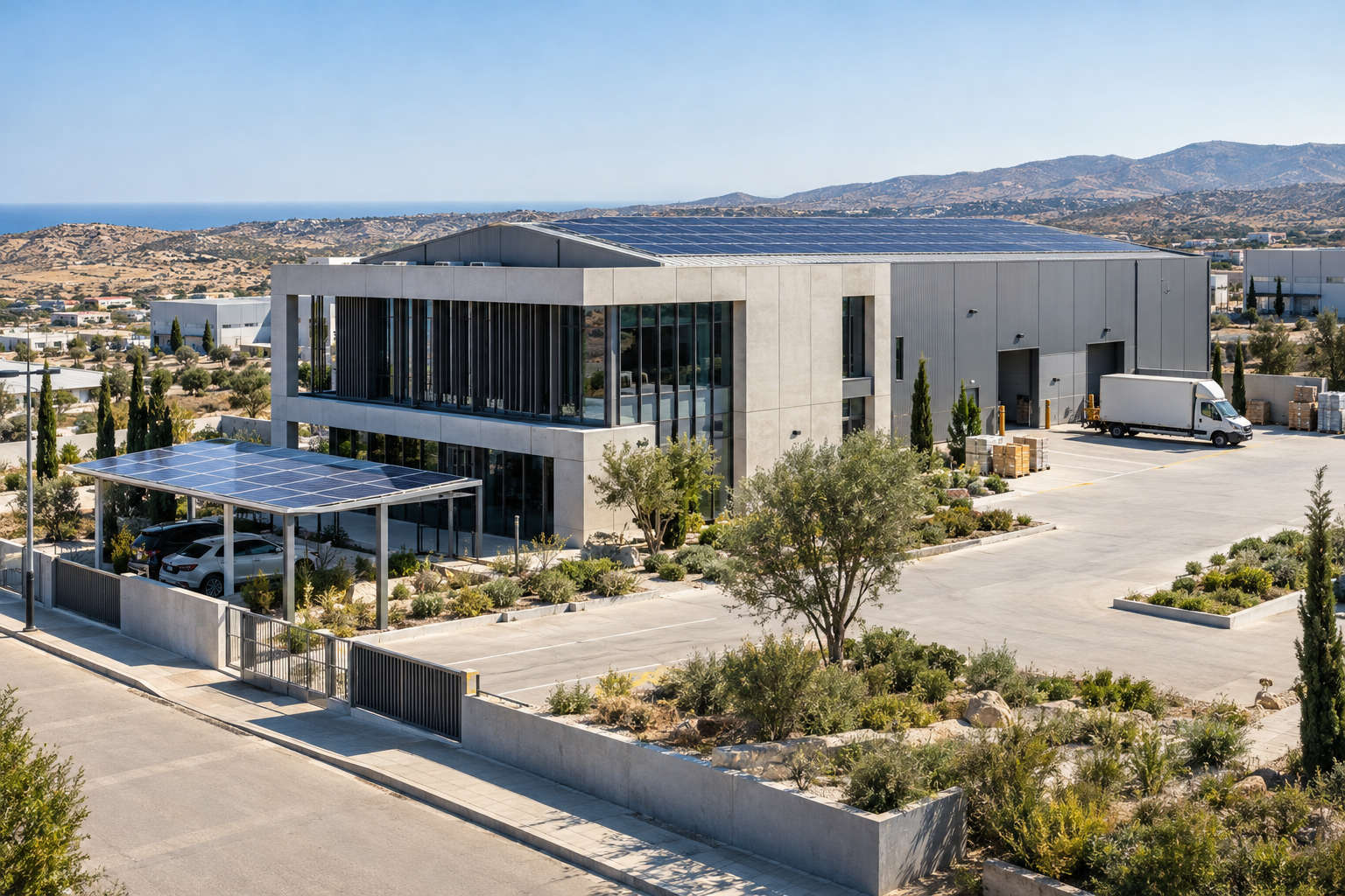 Concept view of a modern solar equipment service facility in an industrial estate near Paphos, Cyprus