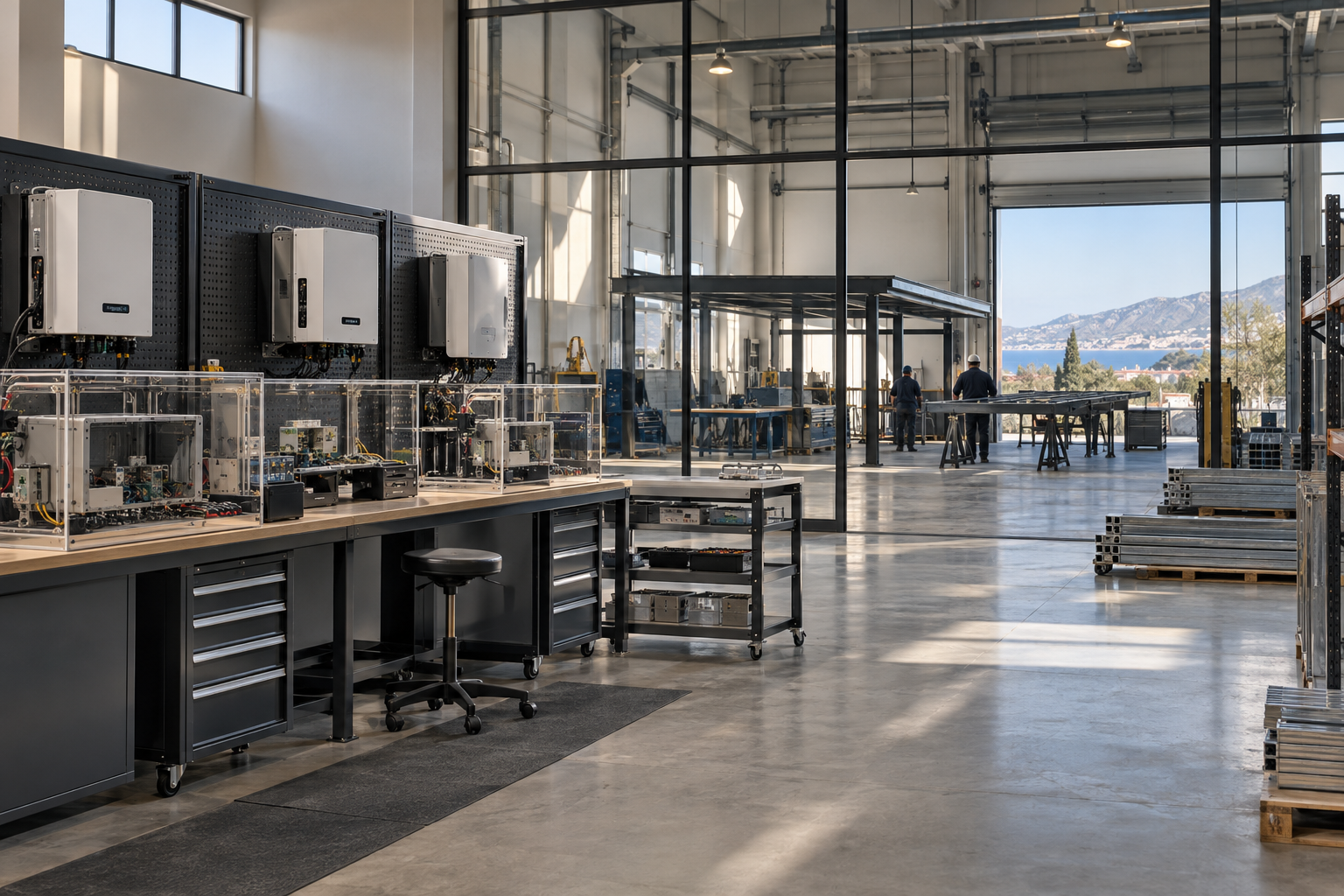 Concept interior showing clean inverter testing benches separated from a solar carport fabrication bay