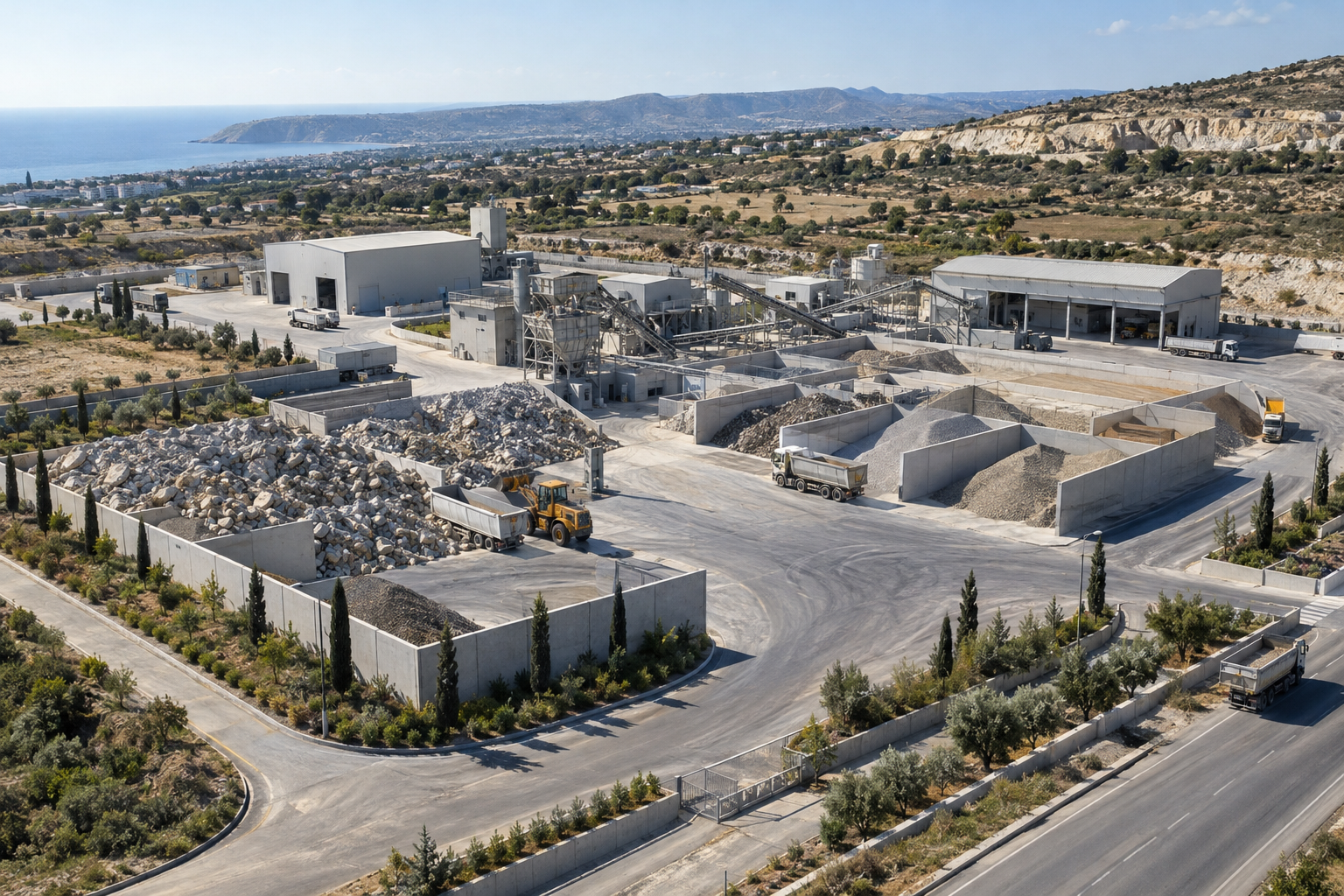 Concept view of a mineral recycling industrial park near Paphos with separated aggregate bays and truck circulation