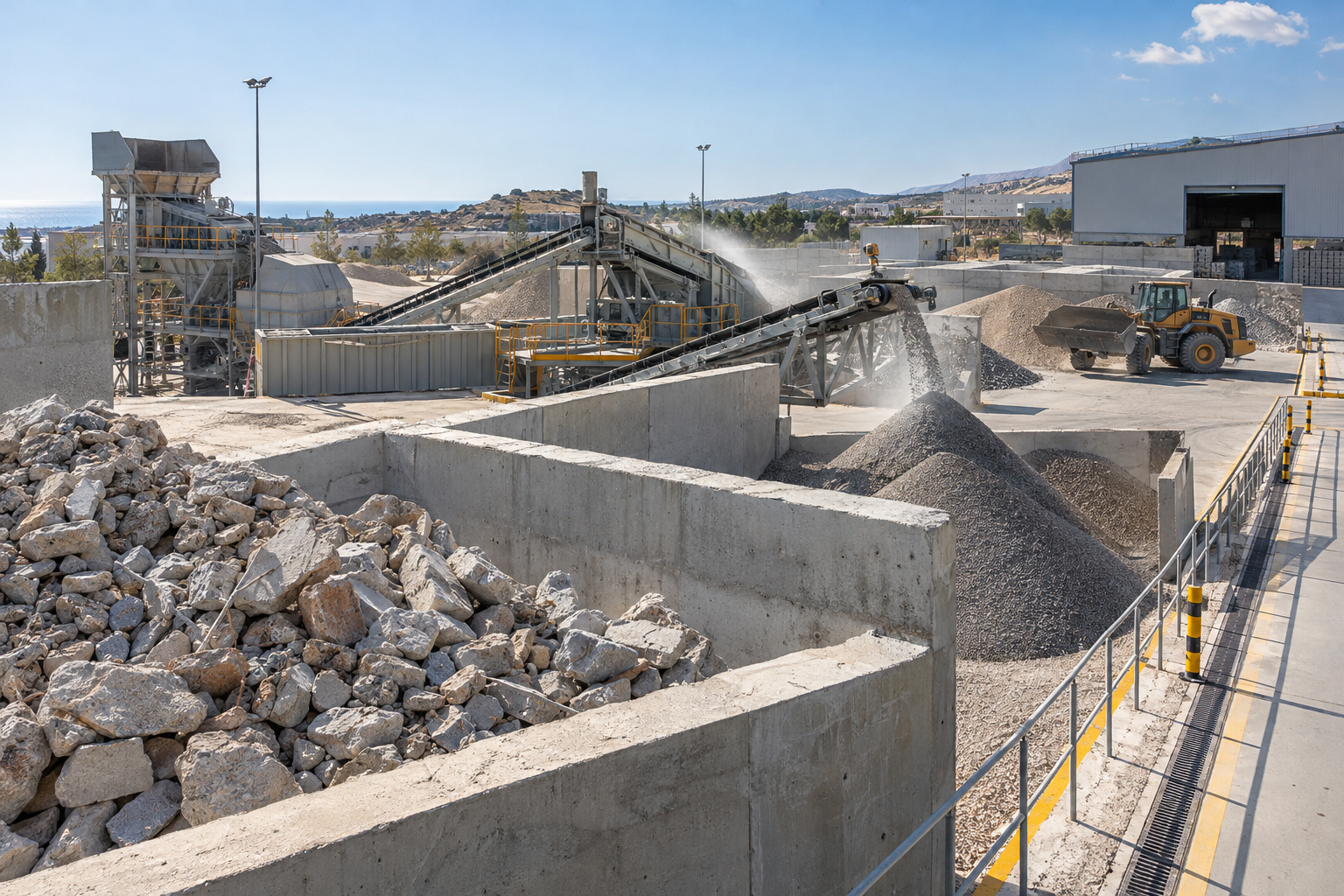 Concept view of concrete aggregate screening equipment and controlled stockpiles at a modern Cyprus industrial yard