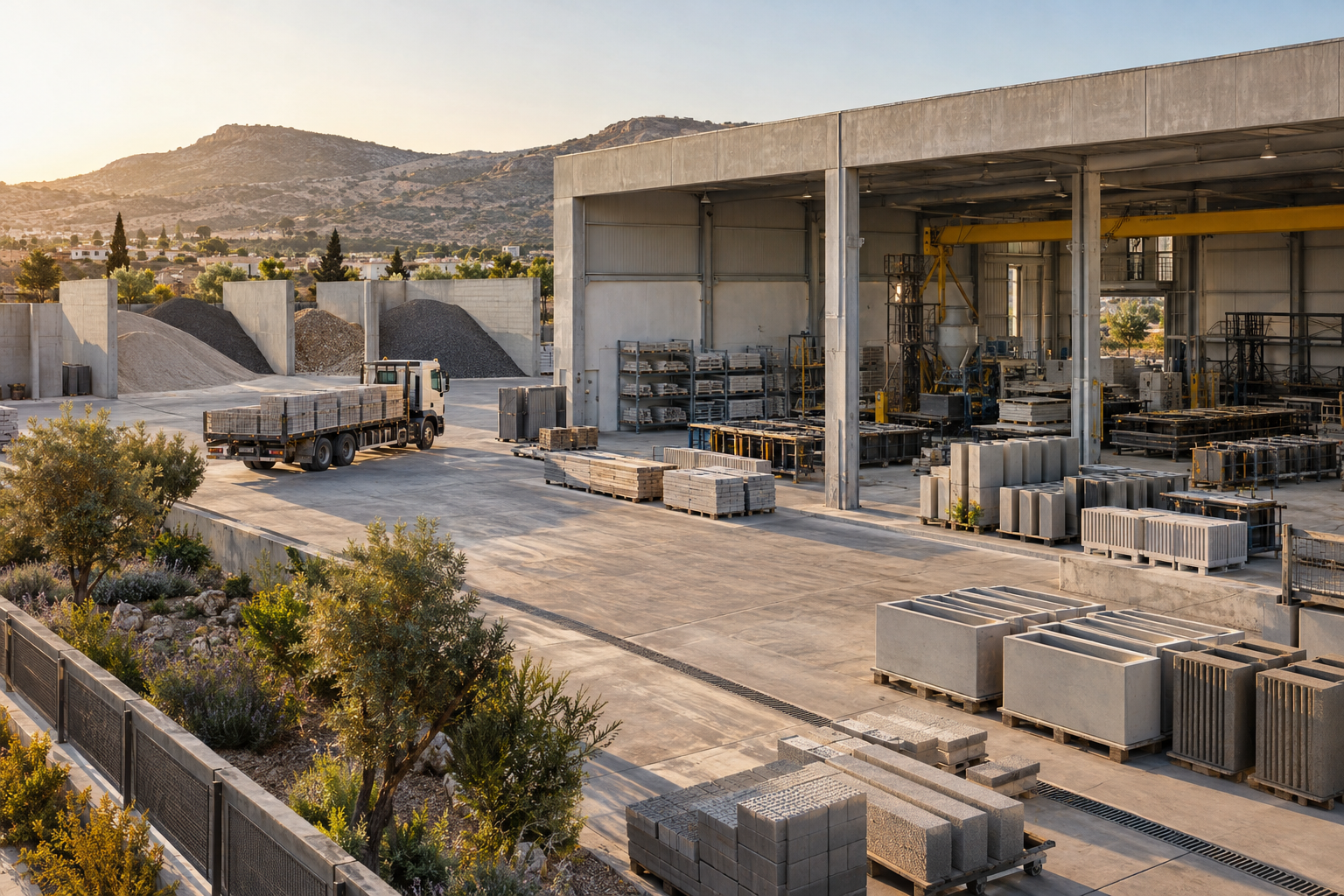 Concept view of a precast workshop with landscaping blocks and loading space in an Anatoliko industrial estate